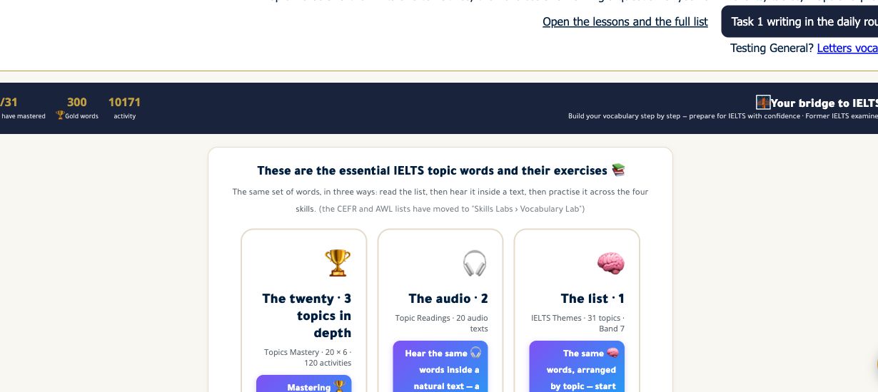 IELTS topic vocabulary — Current platform screenshot